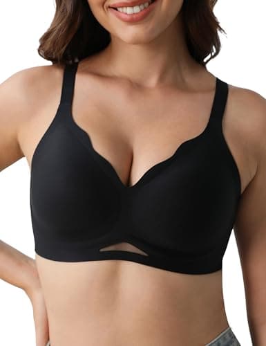 Tarbo Jelly Wireless Sleep Bras for Women No Underwire Push Up Bra Full Coverage Seamless Soft Comfortable Scalloped Mesh Supportive T-Shirt Bralette Black L - Image 1