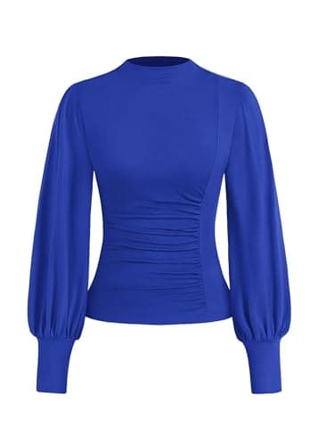 KIRUNDO Blouses for Women Dressy Casual 2026 Spring Tops Fall Puff Long Sleeve Shirts Fitted Mock Neck Ruched Trendy Tops(Blue, Medium) - Image 1