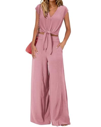 PRETTYGARDEN Ladies 2 Piece Outfits Plain Crop Tops Loose Fit Wide Leg Pants With Pockets Cute Summer Matching Sets(Solid Pink,Medium) - Image 1