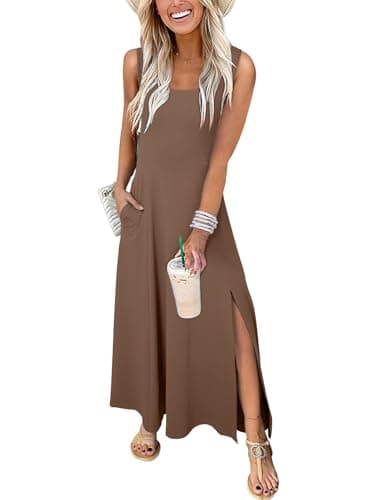 Acelitt Summer Dresses for Women 2025 Casual Crew Neck Sleeveless Sundresses Beach Vacation Clothes with Pockets Coffee Medium - Image 1