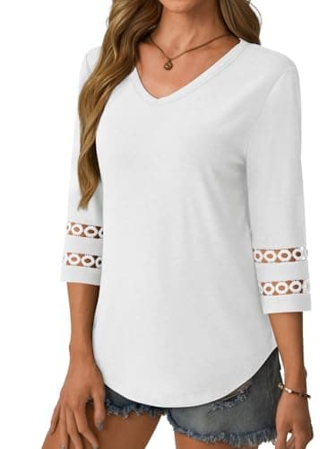 GKBK 3/4 Length Sleeve Womens Tops Dressy Casual Blouses for Women 2026 Trendy Lace Tunic Business V Neck Outfits Tshirts T Shirts Spring Summer Fashion Clothes White M - Thumbnail 4