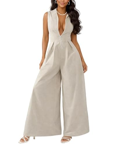 knowfashionstyle Jumpsuits For Women Dressy Sleeveless Zip Up Wide Leg Jumpsuit Date Night Rompers Formal Party Outfits Apricot 2XL - Image 1