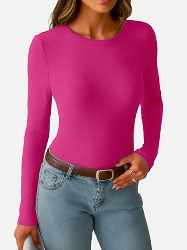 GKBK Womens Long Sleeve Ribbed Tops Slim Fitted Tight Basic T-Shirts Crewneck Layering Lightweight Fall Sweaters 2026 Fashion Outfits Light Hot Pink - Thumbnail 2