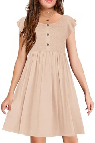 YOVION Girls Summer Ruffle Sleeve Smocked A-Line Button Down Casual Sundress with Pockets for 10-11 Y Khaki - Image 1