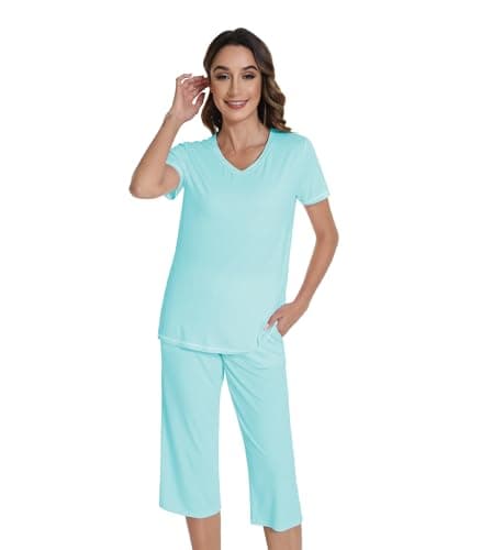 WiWi Pajamas for Women Cool Short Sleeve Top and Capri Pants Bamboo Viscose Super Soft 2 Piece Pjs with Pockets S-XXL, Aqua, Large - Image 1