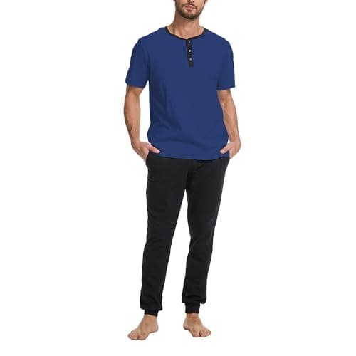 Navisting Men's 100% Cotton Short Sleeve Pajama Set with Henley Neckline Soft and Comfortable Nightwear 2-Piece Lounge Set XL Dark Blue and Black - Image 1