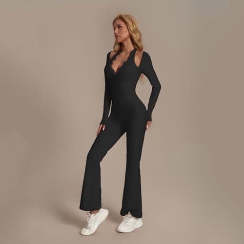 KAIFUYING One Piece Wide Leg Jumpsuits For Women Workout Long Sleeve Jumpsuit Flare Yoga Romper V-Neck Sexy Lace Black-M - Thumbnail 4