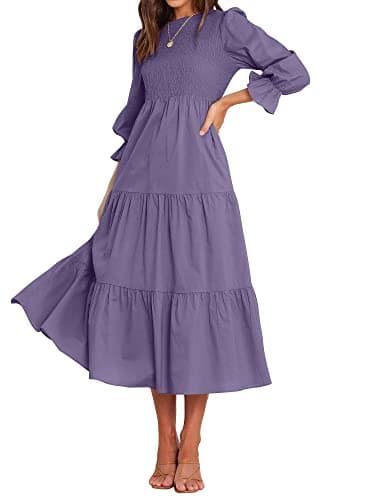 BTFBM Women Casual Long Sleeve Dress Fall Dresses 2025 Solid Color Relaxed Fit Smocked Tiered Flowy Boho Long Dresses(Solid Purple,X-Large) - Image 1