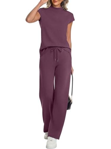 Casly Lamiit Womens 2 Piece Lounge Sets Summer Vacation Beach Travel Airport Outfits Mock Neck Cap Sleeve Pant Sets 2026 Grape Purple XS - Image 1