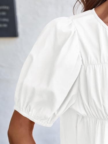 Tankaneo Womens Puff Sleeve Peplum Babydoll Tops Summer Smoked Pleated Cotton T-Shirts Casual Loose Fit Flowy Blouse White - Thumbnail 2