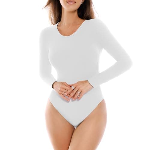 SINOPHANT Long Sleeve Bodysuits for Women Crew Round Neck Basic Stretchy Slim Fit Body Suit Tops White S - Image 1