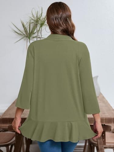 AusLook Women's Plus Size 3/4 Sleeve Lightweight Open Front Cardigan Light Green 3X Draped Ruffles Causal Cover Ups Shrugs Tops Shawls and Wraps Kimono Jacket Coat - Thumbnail 2
