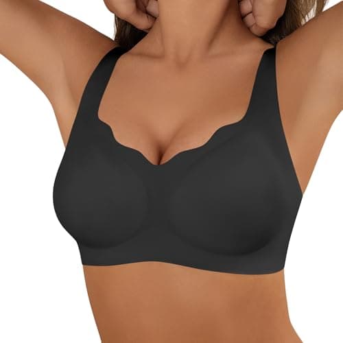 DEANGELMON Bras for Women No Underwire Seamless Wireless Bra Comfort Everyday Scalloped V Neck Bralette (Black,S) - Image 1