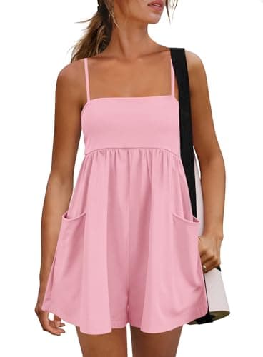 Panadila Womens Summer Rompers Beach Vacation Clothes Spaghetti Strap Short Jumpsuits Square Neck Dress with Pockets (Light Pink,S) - Image 1