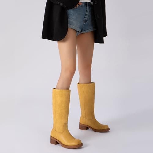 Athlefit Knee High Boots Women Square Toe Yellow Riding Boots Comfortable Slip On Chunky Block Heel Fall Booties Size 11 - Thumbnail 2