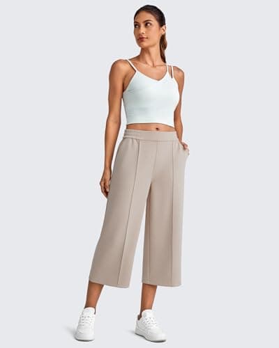 G4Free Khaki Pants for Women Capri Pants High Waist Stretchy Wide Leg Yoga Pants Loose Sweatpants Travel Lounge Pants(Light Khaki,M,Regular) - Thumbnail 2