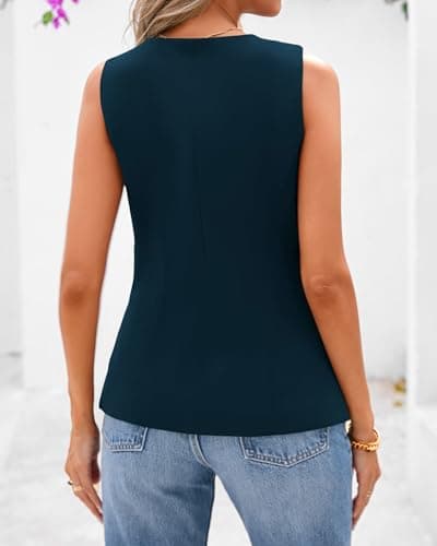 BTFBM Summer Sleeveless Blazer Vest For Women Dressy Button Down Round Neck Business Casual Outfits Work Suit Vests Tops(Dark Blue, Small) - Thumbnail 3