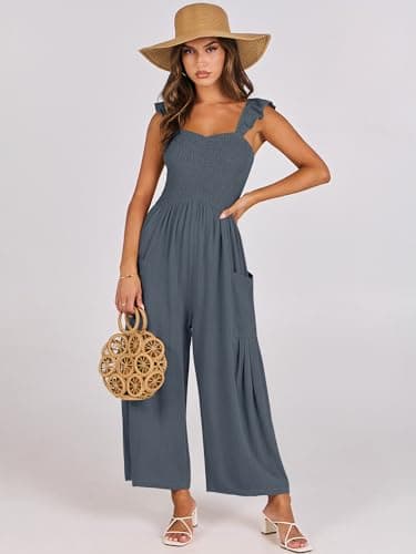 ANRABESS Women Summer Casual Dressy Sleeveless Smocked Wide Leg Linen Jumpsuits Rompers 2026 Trendy Travel Outfit Pocket Dark Gray Small - Thumbnail 2