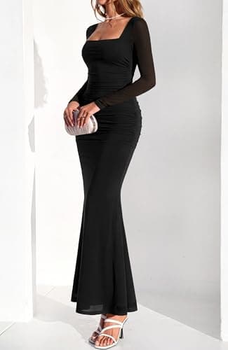 BTFBM Women's Maxi Dresses Fall 2026 Long Sleeve Ruched Bodycon Dress Square Neck Cocktail Party Wedding Guest Dresses(Black,X-Large) - Thumbnail 4