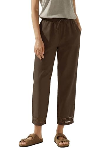 Acelitt Women's Fashion 2026 Casual Linen Pants Lightweight Drawstring Elastic High Waist Spring Summer Ankle Cropped Pants Trousers Coffee Small