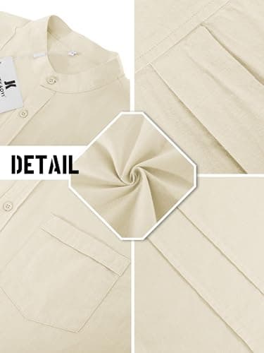 Mens Casual Button Shirts Cotton Linen Summer Beach Short Sleeve Tops for Lounge Vacation Beige - Thumbnail 4
