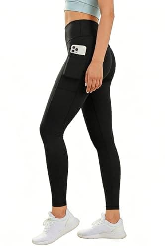 JSEMOY High Waist Yoga Leggings with Pockets, Athletic Workout Pants, Tummy Control Compression Tights for Women (US, Alpha, Small, Regular, Regular, Black) - Thumbnail 4