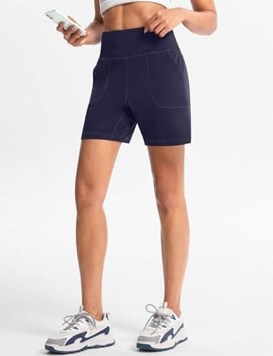 Cyasundent Women's Athletic Shorts with Zipper Pocket 6" High Waisted Bermuda Shorts for Women Workout Walking Running(Navy_XXL) - Thumbnail 4