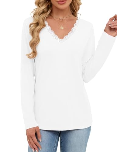 JUSTFASHIONNOW Shirts for Women Long Sleeve Lace Tops V Neck Solid Tshirt Plus Size Blouses Business Casual Fashion Tops Trendy Winter Clothes (White,X-Large) - Thumbnail 3