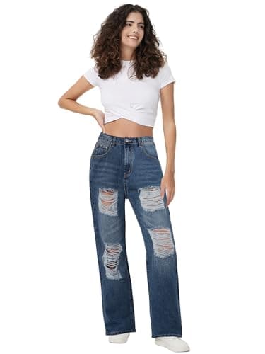 Genleck Women Loose Ripped Boyfriends Jeans High Waist Baggy Denim Pants Distressed Wide Leg Jeans Y2K（Deep Blue，L） - Thumbnail 2