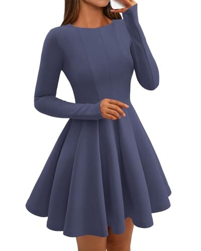 BTFBM Spring Dresses for Women 2026 Long Sleeve High Waist Pleated Flowy Aline Party Wedding Guest Dress Business Casual(Grey Blue, Large) - Image 1