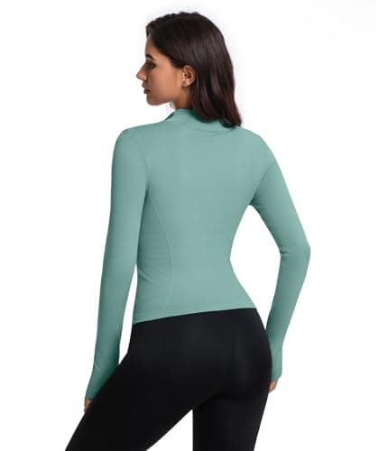 YOAKUKA Women's Long Sleeve Workout Tops Quarter Zip Pullover Workout Shirt Quick Dry Athletic Tops with Thumb Holes Light Blue - Thumbnail 2