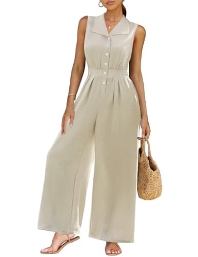 LOOKBOHO Women's Dressy Casual Jumpsuits Elegant High Waist Ruched Romper Summer Sleeveless Wide Leg Pants(AT,XXL) - Image 1