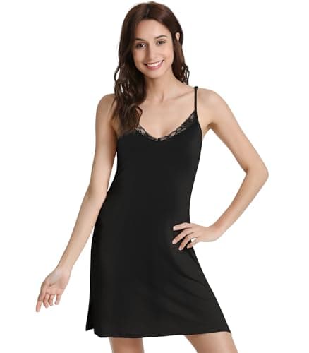 NACHILA Women's Full Slips for Under Dresses-Viscose Made from Bamboo, Camisole Slip Dress Spaghetti Strap Under Dress Black L - Image 1