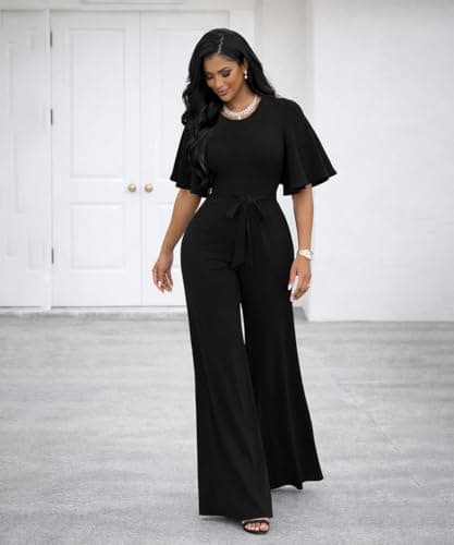 ABKY Jumpsuits For Women Dressy Batwing Sleeve Belted Wide Leg Romper Formal Wedding Evening Party Jumpsuit One Piece Outfits Black L - Thumbnail 5