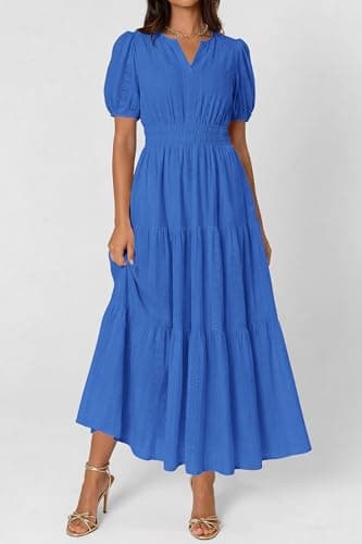 PRETTYGARDEN Womens Summer Maxi Dresses 2026 Casual Puff Sleeve V Neck Smocked Flowy Eyelet Cotton Dress Spring Sundress(Blue,X-Large) - Thumbnail 4