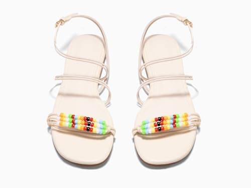 Coutgo Womens Strappy Flat Sandals Open Toe Lace Up Beaded Gladiator Flats Ankle Strap Summer Beach Shoes, Beige, Size 9.5 - Thumbnail 5