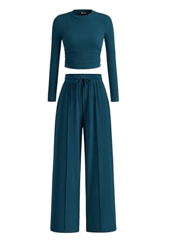 PRETTYGARDEN Women's 2 Piece Sets 2026 Fall Long Sleeve Crop Tops Wide Leg Pants Matching Outfit Tracksuits Spring Clothes (Lake Blue,Large) - Image 1