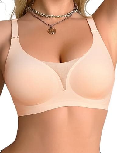 Tarbo Women’s Sexy Deep V Mesh Wireless Jelly Bra Seamless Bralettes, Soft Support Breathable Comfort Daily Wear Brassiere Skin L - Image 1