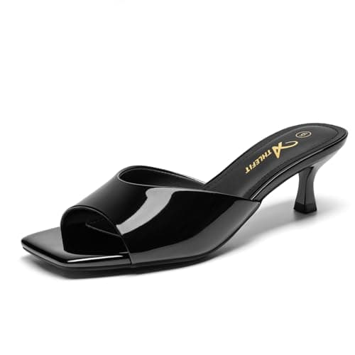 Athlefit Black Kitten Heels for Women Square Open Toe Low Heels Heeled Sandals Summer Dressy Slip On Slide Sandals Size 6 - Image 1