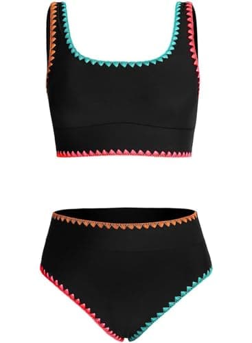 blibean Tween Girl Swimsuits Little Kids Girls Summer Swim Bathing Suits Teen Fashion Two Piece Bikini Boho Hawaii Swimwear Beach Sets Traje Baño Niñas Size 12-13 Year Old Black - Image 1