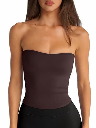 LASLULU Womens Bandeau Coffee Tube Top Cropped Workout Athletic Shirts Sexy Basic Strapless Yoga Gym Pilates Tops Y2K Summer Fashion 2026(Espresso X-Small) - Image 1