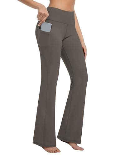 BUBBLELIME 35"/31"/33"/35"/37" Women's Bootcut Yoga Pants Tummy Control Flared with Side Pockets- Bootleg Side Pockets_OLIVEGRAY M_35" Inseam - Thumbnail 2