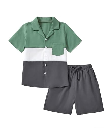 Hihosdor Boys 2 Piece Outfit Short Set Color Block Button Down Shirt & Shorts Set Kids Clothes Black 11-12 Years - Image 1