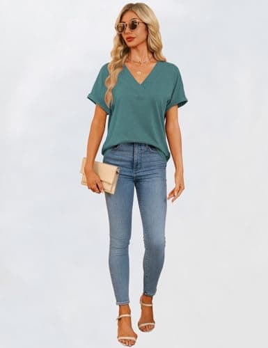 GKBK Womens Short Sleeve T Shirts V Neck Loose Fit Shirts Summer Casual Basic Tee Tops Cyan XXL - Thumbnail 6