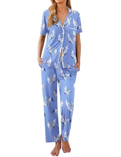Ekouaer Women Pajamas Set Button Down Sleepwear Short Sleeve Nightwear with Long Pants Soft Pjs Set Flying Flowers XL - Image 1