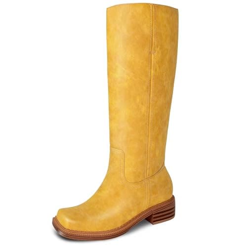 LeunDen Yellow Banana Knee-High Boots for Women, Tall Riding Boots with Square Toe Low Chunky Heel Faux Leather Pull-On Campus Long Boots Size 7.5 - Image 1