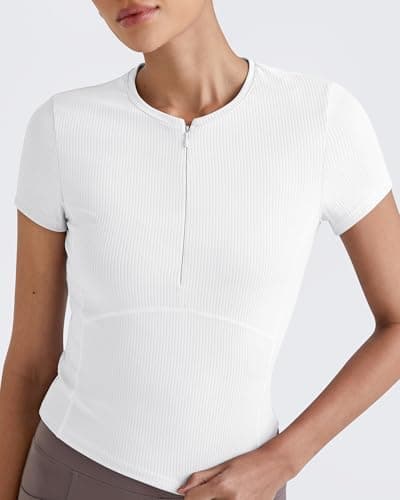 G4Free Womens Short Sleeve Tops Workout Quarter Zip Shirts Athletic Stretchy Slim Fit Ribbed Comfy Lightweight Gym Yoga Top (White,L) - Thumbnail 3
