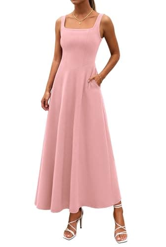 PRETTYGARDEN Womens Summer Dresses 2026 Sleeveless Elegant Square Neck Aline Swing Maxi Beach Wedding Guest Dress Pockets (Pink,XX-Large) - Image 1