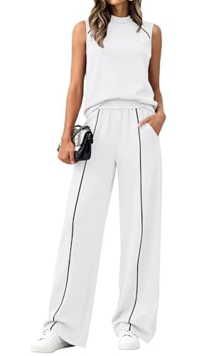 BTFBM Womens 2 Piece Lounge Set 2026 Striped Travel Outfits Sweatsuit Mock Neck Tank Top Wide Leg Pants Casual Activewear(White, XX-Large) - Image 1