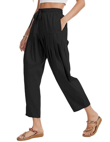 DAOAO Cotton Linen Barrel Pants Women Wide Leg Hippie Boho Casual Loose Harem Pants Pleated Pull On Elastic Waist Black S - Image 1